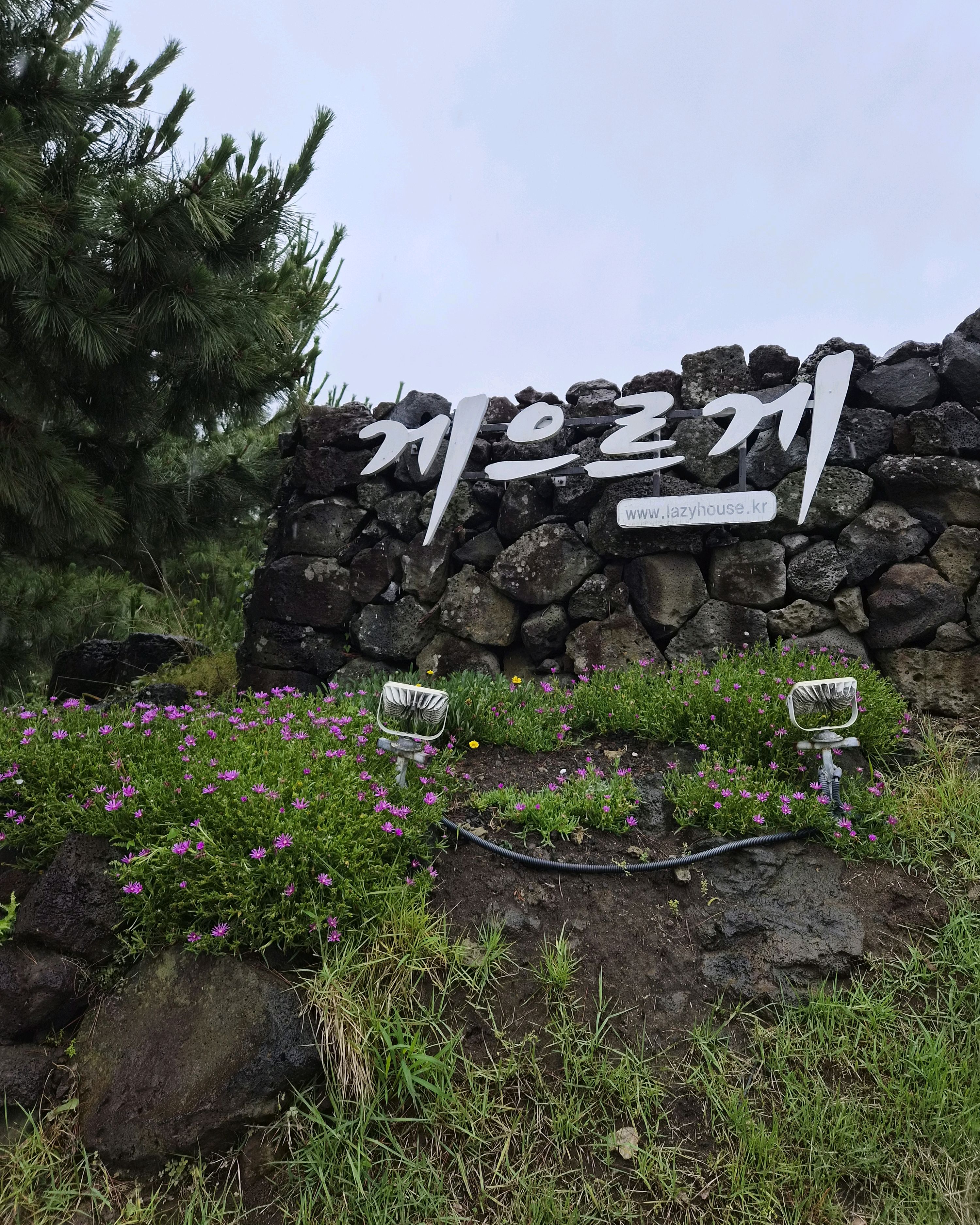 돌담 앞 안내 표지와 꽃이 심어진 정원, 조명 시설