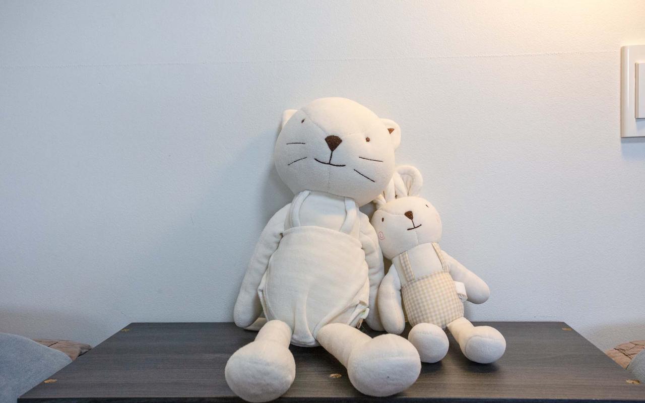 테이블 위에 나란히 놓여 있는 흰색 동물 봉제 인형 두 개입니다.