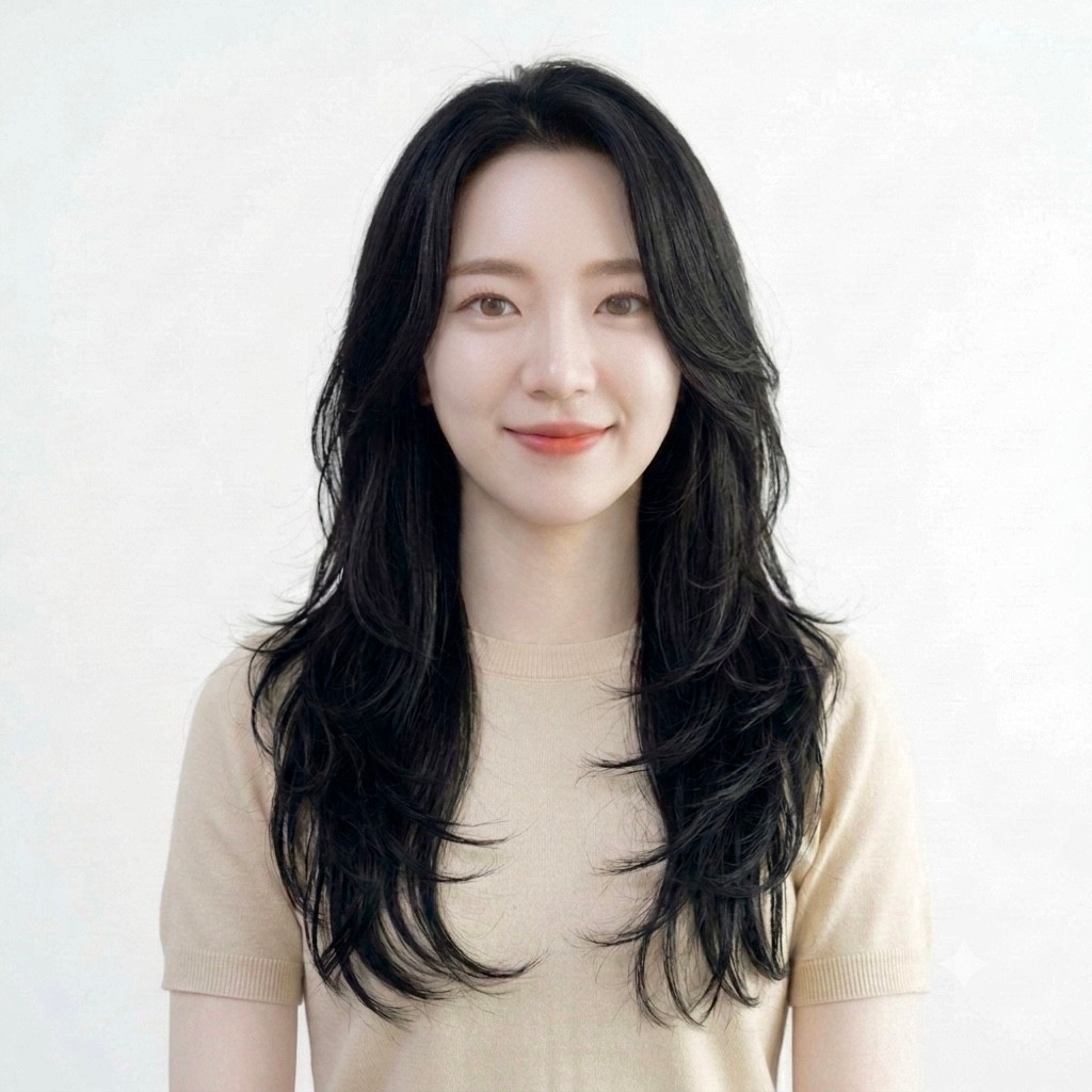 긴 검은색 웨이브 머리의 여성이 상반신을 보이는 모습
